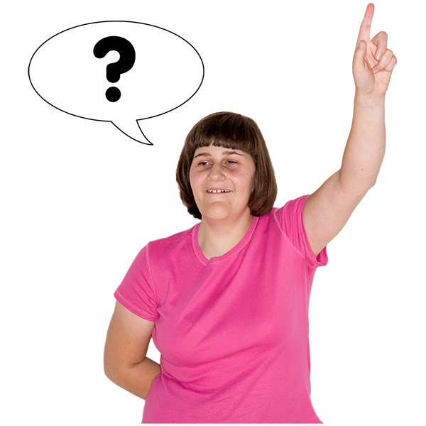 A woman raising her hand with a question mark in a speech bubble